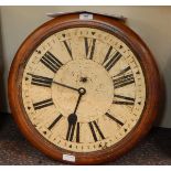Large wooden framed wall clock with enamel Roman numeral dial (glass missing),