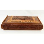 Eastern inlaid wooden games box with carved decoration to lid,