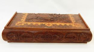 Eastern inlaid wooden games box with carved decoration to lid,