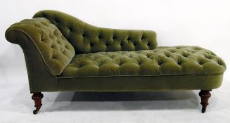 Victorian chaise longue having scroll end and button back, all upholstered in sage green dralon,