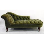 Victorian chaise longue having scroll end and button back, all upholstered in sage green dralon,