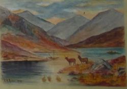A M Horan (early 20th century school) Watercolour Highland scene with deer, signed and dated 1908,