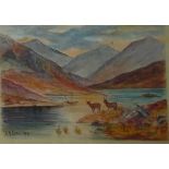 A M Horan (early 20th century school) Watercolour Highland scene with deer, signed and dated 1908,