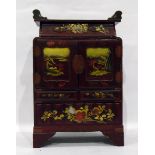 Japanese lacquered table cabinet, red lacquered with gilt decoration, landscape scenes,