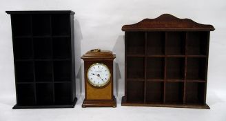 Inlaid stained wood Knight Gibbons mantel clock with quartz movement and two wall shelves