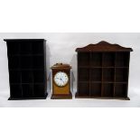 Inlaid stained wood Knight Gibbons mantel clock with quartz movement and two wall shelves
