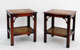 Pair of modern two-tier occasional tables with rectangular leather inset top and lower tier,