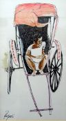 William (Bill) Papas (1927-2000) Pen, ink and watercolour Man in rickshaw, signed lower left,