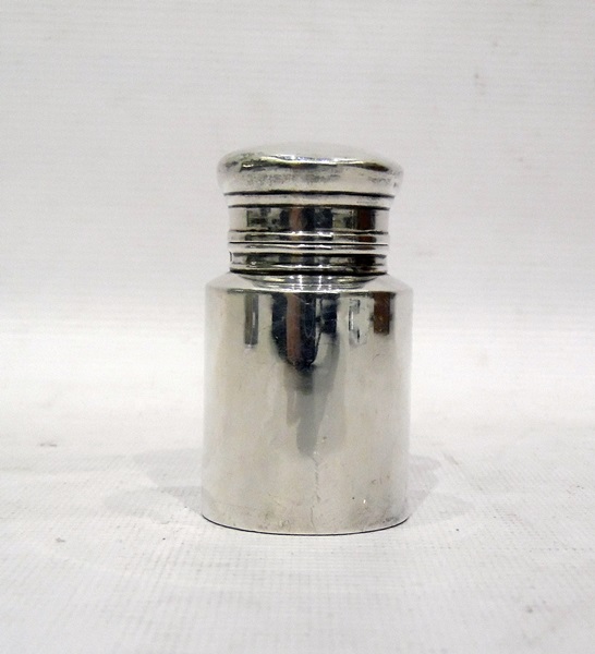 Early 20th century silver scent bottle, cylindrical-shaped with circular lid, plain form,