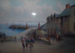 Harold Gordon Watercolour pastel drawing "Newlyn Harbour", villagers and fishermen in foreground,