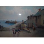 Harold Gordon Watercolour pastel drawing "Newlyn Harbour", villagers and fishermen in foreground,