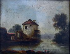 19th century school Four oils on panel Continental scenes, one buildings beside river,