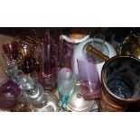 Quantity of assorted glassware, brass paraffin lamp, brass fireside companion, assorted ceramics,