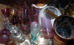 Quantity of assorted glassware, brass paraffin lamp, brass fireside companion, assorted ceramics,