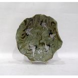 Japanese studio pottery dish, green glazed, decorated with heron, marked to base,