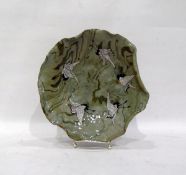 Japanese studio pottery dish, green glazed, decorated with heron, marked to base,