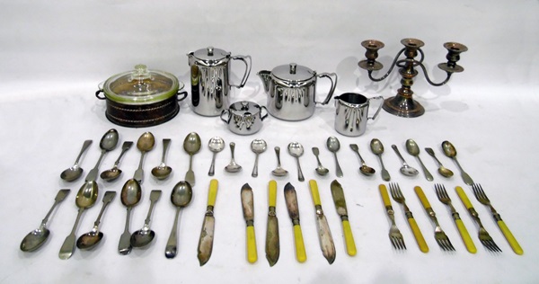 Quantity of EPNS to include candelabrum, table flatware, stainless steel tea service,