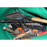 Bag of assorted and other tools including vice, two spades, axe, saw,