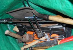 Bag of assorted and other tools including vice, two spades, axe, saw,