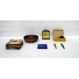 Modern Junghans Ato-Mat mantel clock, a boxed set of wooden chess pieces, a wooden carved bowl,