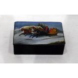 Russian Fedoskino lacquered box, rectangular and decorated with snow scene,