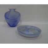 20th century blue swirl glass vase and similar bowl (2)