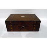 Victorian walnut and parquetry inlaid writing box with rectangular mother-of-pearl inlay to lid,