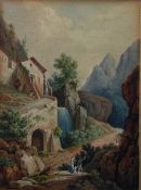19th century English school Watercolour drawing Italian rocky landscape with mill above and figures