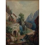 19th century English school Watercolour drawing Italian rocky landscape with mill above and figures