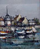 Farcy (20th century French school) Oil on canvas Fishing boats at low tide in the bay,