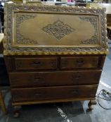 Oriental hardwood bureau, the fall-front enclosing pigeonholes and drawers,