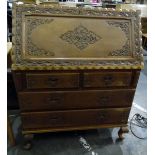 Oriental hardwood bureau, the fall-front enclosing pigeonholes and drawers,