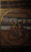 19th century Persian miniature Watercolour drawing Pair lovers kneeling on terrace in lakeside