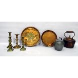 Assorted metalware to include a pewter lidded pot with lion mask handles, copper tray,