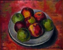 M Garthe (20th century school) Oil on board Still life study of a bowl of apples,