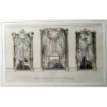 Framed print of three designs for window draperies