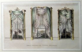 Framed print of three designs for window draperies