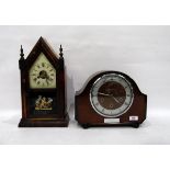 American stained pine shelf clock by Jerome, the glazed door decorated with figures of children,