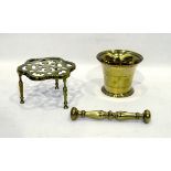 Brass pestle and mortar and a pot stand (2)