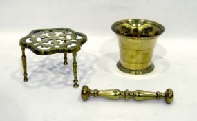 Brass pestle and mortar and a pot stand (2)