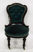Victorian mahogany and upholstered chair with green velvet buttonback, upholstered circular seat,
