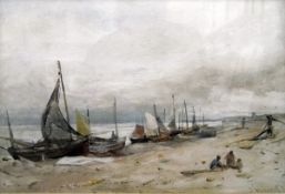 Edwin Hayes (1819-1904) Watercolour Fishing boats on a sandy beach with figures in foreground,