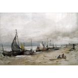 Edwin Hayes (1819-1904) Watercolour Fishing boats on a sandy beach with figures in foreground,