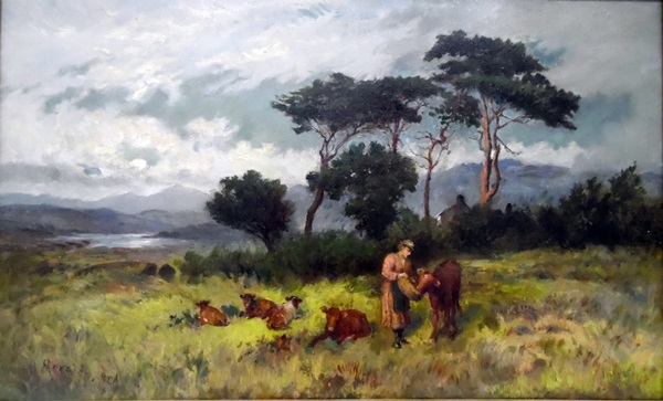 Henry Measham (1844-1922) Oil on canvas "Feeding the Calf",