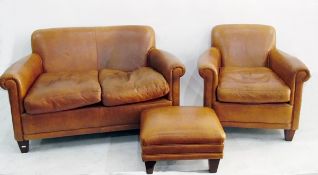 Laura Ashley brown hide two-seater settee with matching armchair and footstool