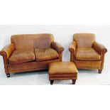 Laura Ashley brown hide two-seater settee with matching armchair and footstool