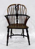 Antique yew windsor chair with railback and central pierced splat,