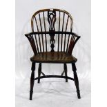 Antique yew windsor chair with railback and central pierced splat,