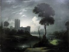 19th century English school Oil on canvas Moonlit castle with figures in boat, tree in foreground,