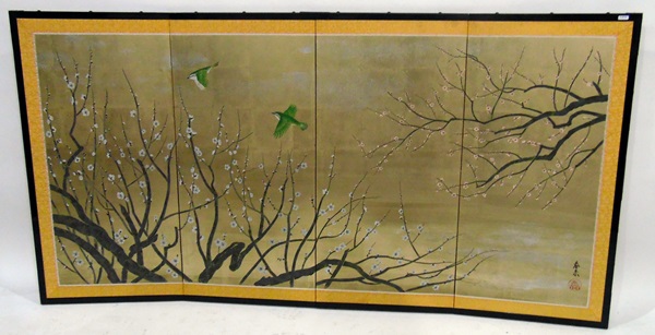 Contemporary Japanese four-panel painting on canvas depicting birds, trees with blossom,